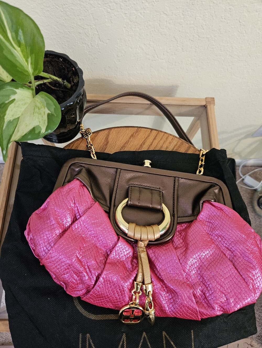 IMAN Brown & Global Chic Pink Women's clutch Purse with Dust Bag